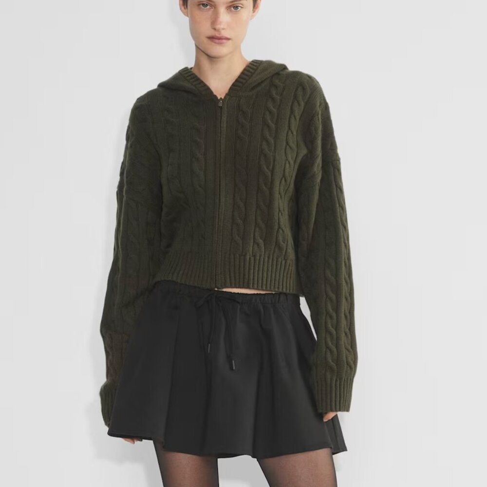 Octavia Zip Hoodie- Olive Green Cable Knit